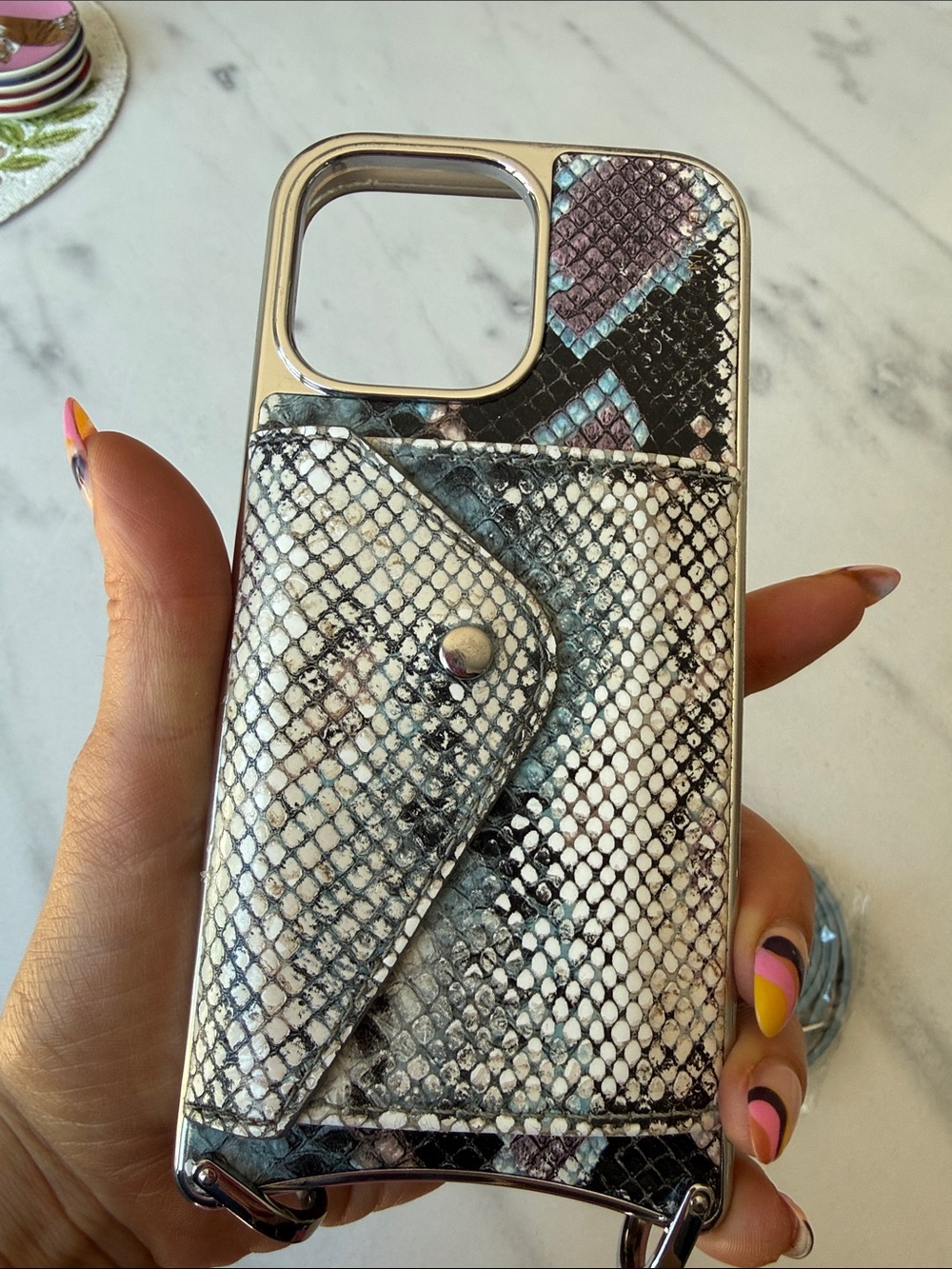 Bandolier Snake-Print Phone Case iPhone 16 promax with Gray-Blue Removable Strap - Picture 3 of 9